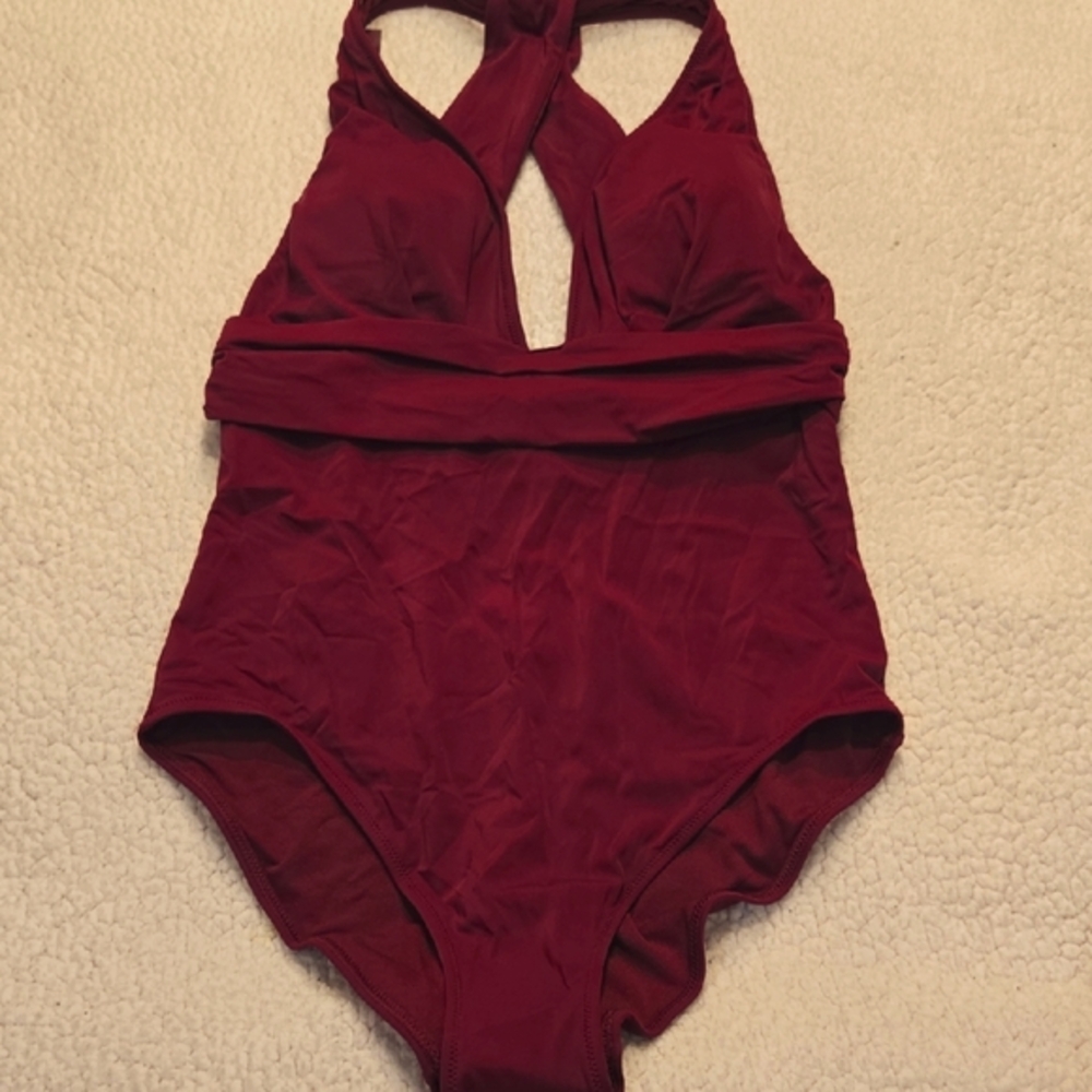 Adore Me Burgundy Halter One-Piece Swimsuit